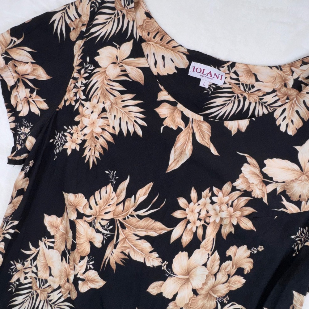 Iolani Dress Womens Large Black Tan Tropical Floral Short Sleeve Midi Hawaii